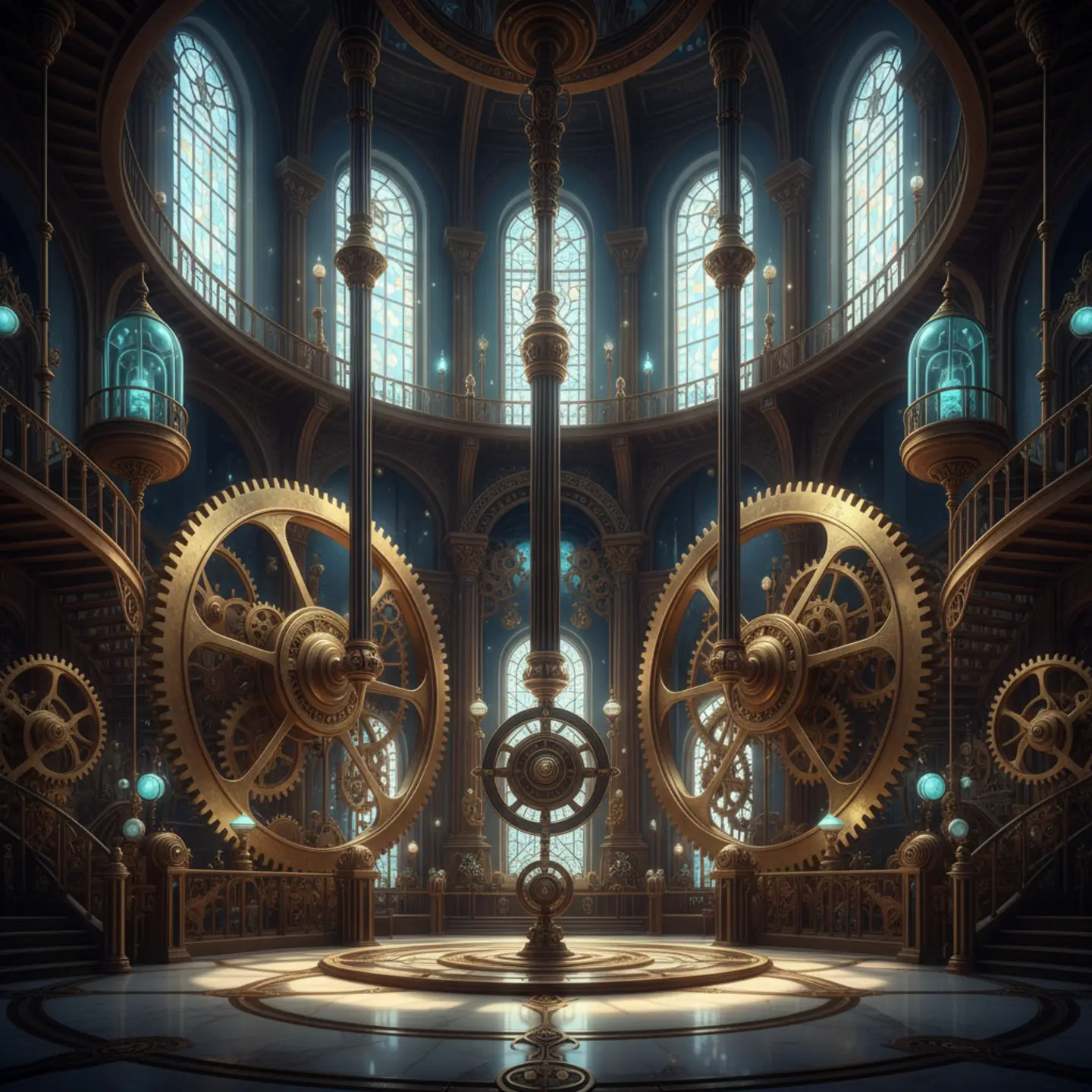 Intricate brass clockwork mechanism inside a grand tower